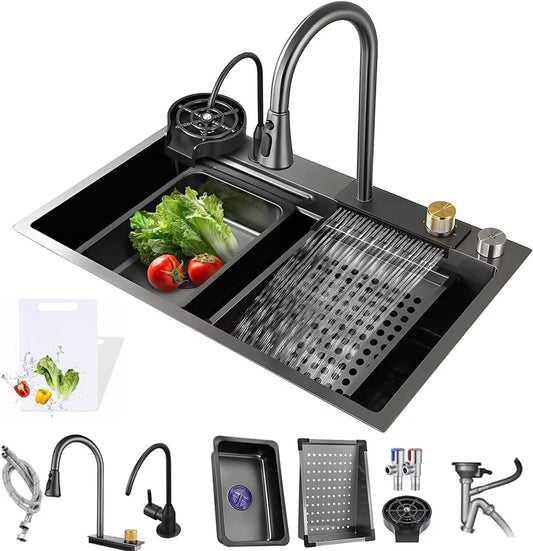 80x45cm Fregadero De Cocina, Fregadero de Cascada con 2 Pack Grifos, Fregadero de lluvia Volador, Volante Fregadero Doméstico para Cocina, Bar, Comedor, Exterior